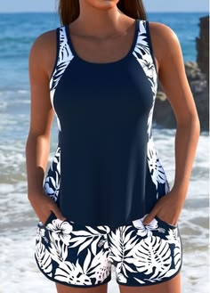 Damskie tankini ze szortami - print granatowy