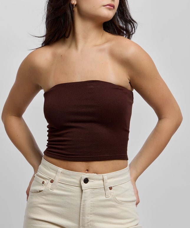 Damski top bandeau prążkowany - czekoladowy
