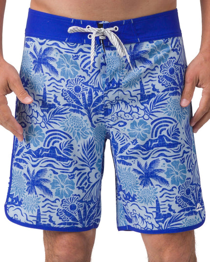 Męskie boardshorty w print tropikalny - niebieskie