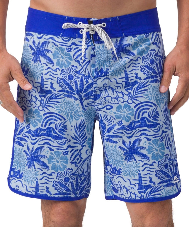 Męskie boardshorty w print tropikalny - niebieskie