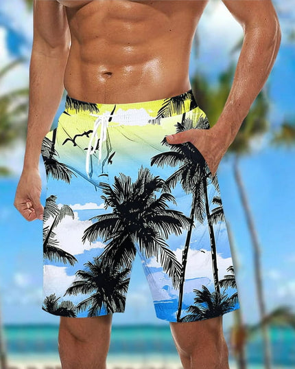 Męskie boardshorty w print tropikalny - niebieskie