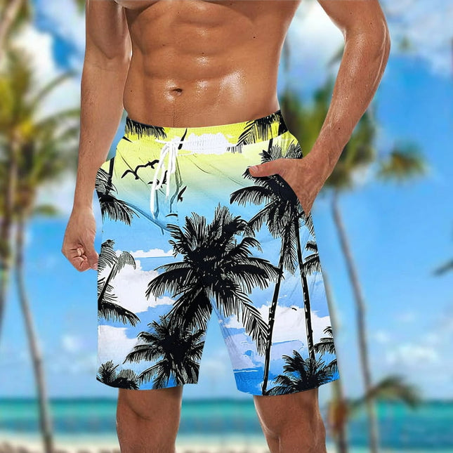 Męskie boardshorty w print tropikalny - niebieskie