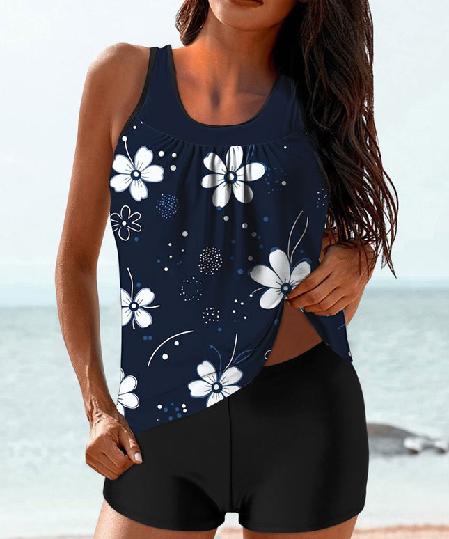 Damskie tankini ze szortami - print granatowy