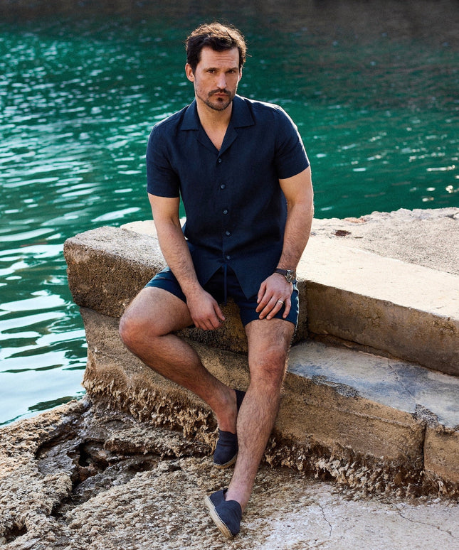 Męski komplet lniany resort - granatowy