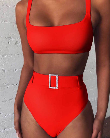 Damski dwuczęściowy strój kąpielowy bikini z wysokim stanem i paskiem