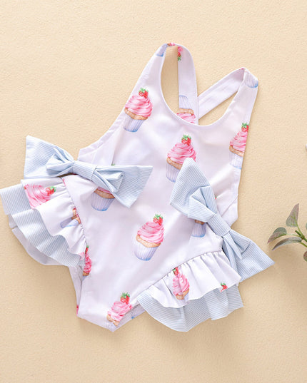 Jednoczęściowy strój kąpielowy dla dziewczynki z falbankami i kokardkami