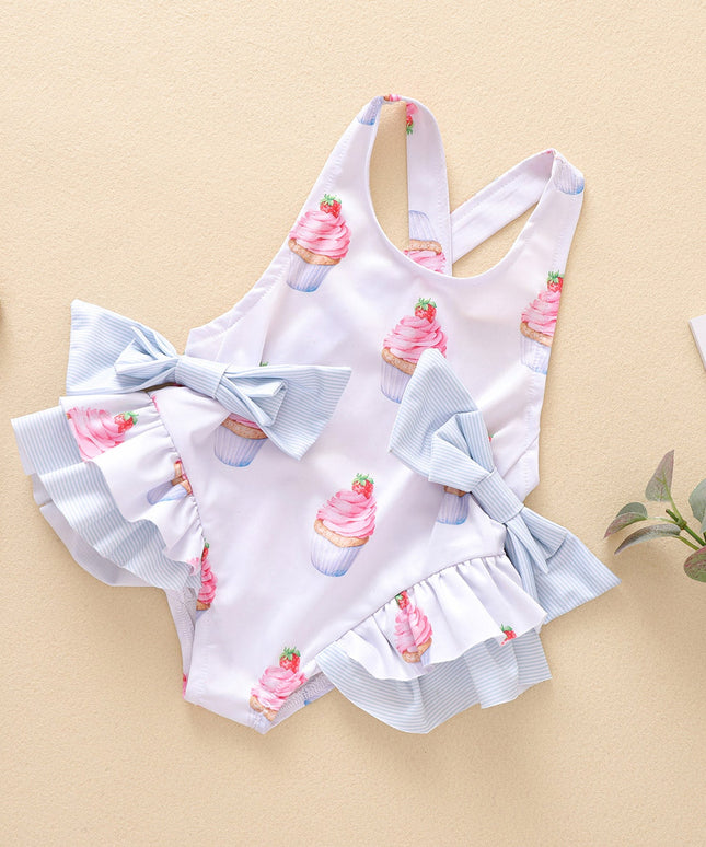 Jednoczęściowy strój kąpielowy dla dziewczynki z falbankami i kokardkami