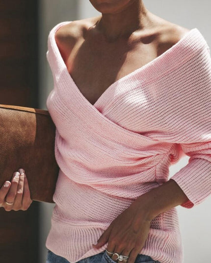 Damski sweter dziergany z kopertowym dekoltem