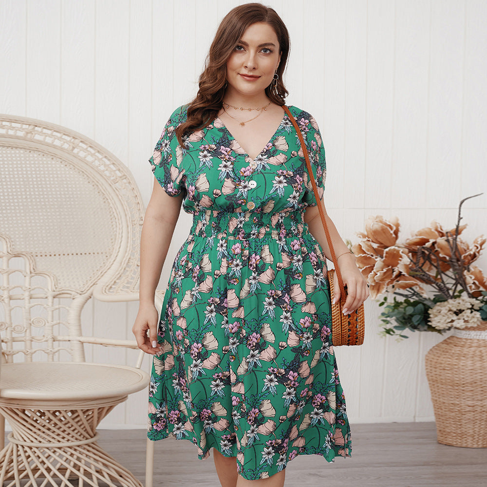 Sukienka plus size w letnie kolory z gumką w pasie