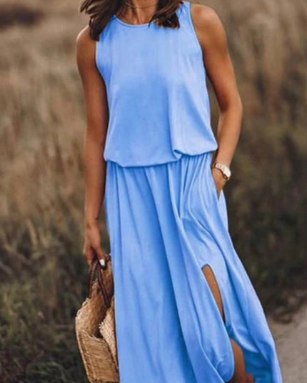 Sukienka maxi w pastelowych kolorach z rozcięciem