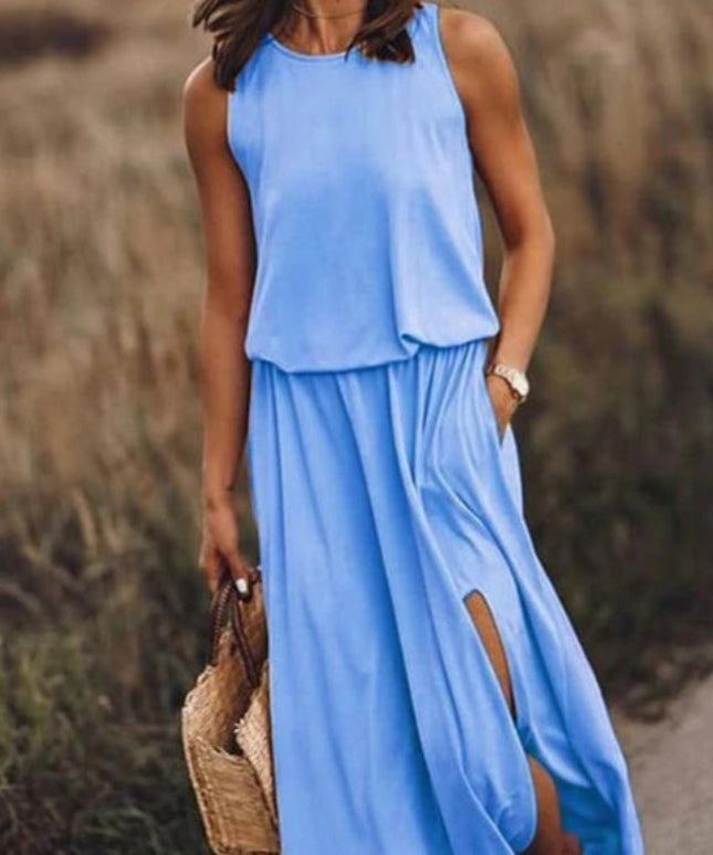 Sukienka maxi w pastelowych kolorach z rozcięciem