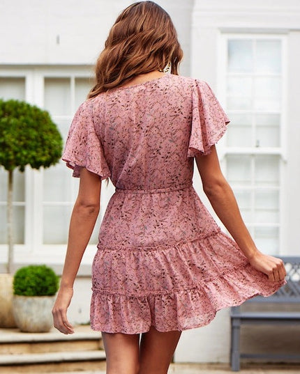 Sukienki mini zwiewna z falbanki w kwieciste wzory