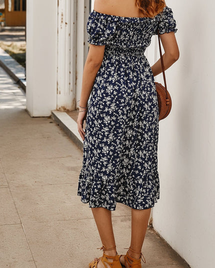 Sukienka midi letnia w kwiatki bez ramiączek z falbankami