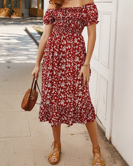 Sukienka midi letnia w kwiatki bez ramiączek z falbankami