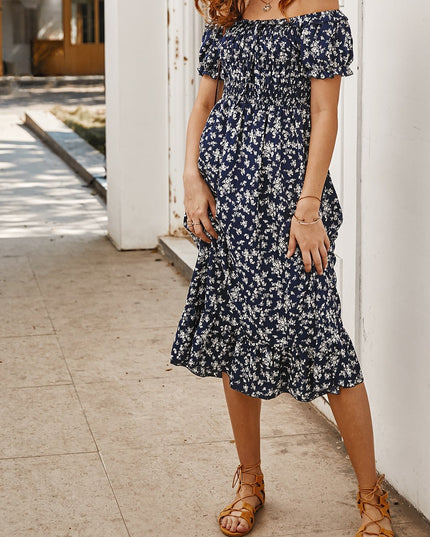 Sukienka midi letnia w kwiatki bez ramiączek z falbankami