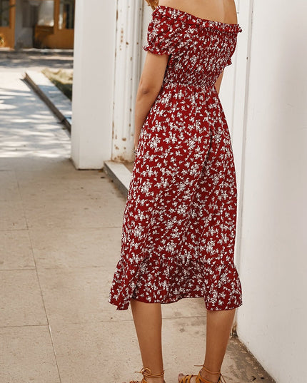 Sukienka midi letnia w kwiatki bez ramiączek z falbankami