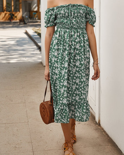 Sukienka midi letnia w kwiatki bez ramiączek z falbankami