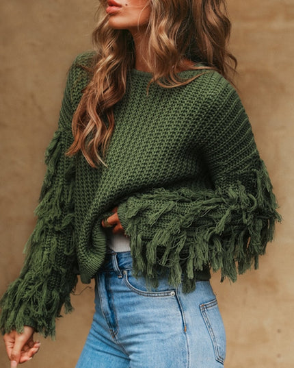 Damski sweter dziergany z frędzlami oversize
