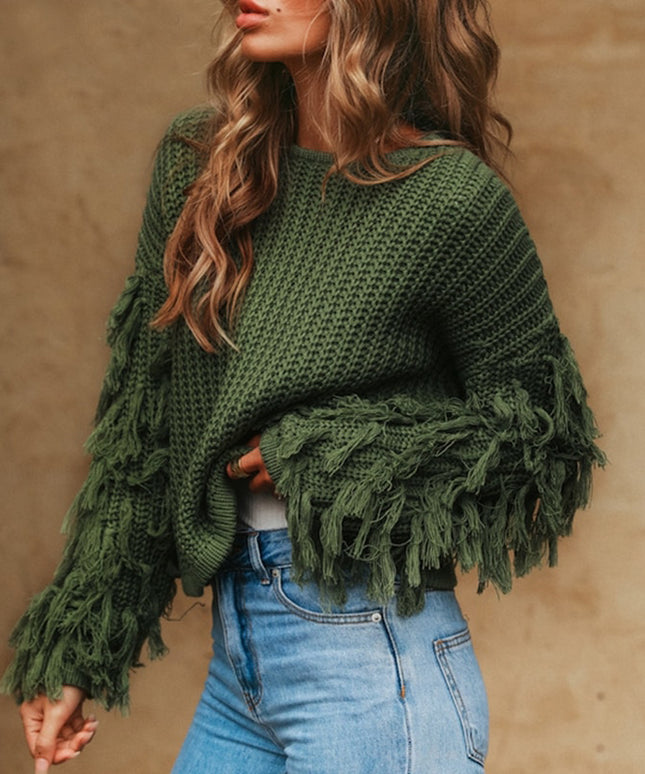 Damski sweter dziergany z frędzlami oversize