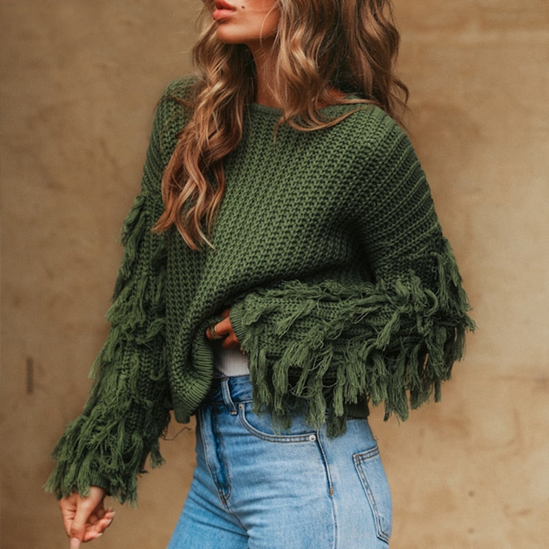 Damski sweter dziergany z frędzlami oversize