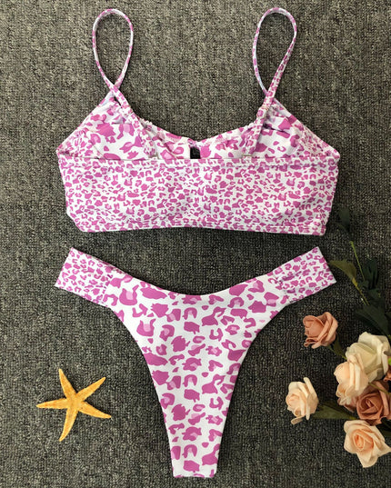 Damski dwuczęściowy strój kąpielowy bikini w różową panterkę