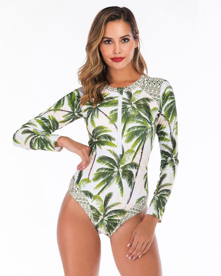 Damski jednoczęściowy strój kąpielowy sportowy z motywem liści