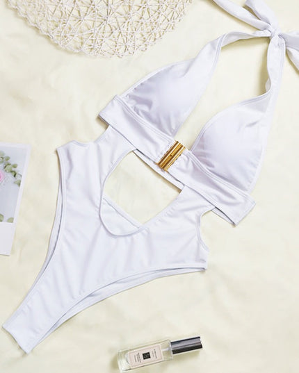 Jednoczęściowy strój kąpielowy monokini z klamrą wiązany na szyi