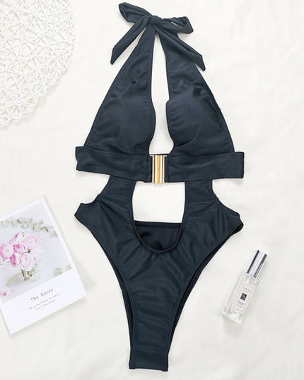 Jednoczęściowy strój kąpielowy monokini z klamrą wiązany na szyi