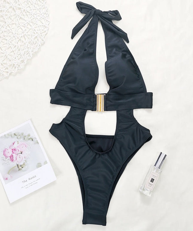 Jednoczęściowy strój kąpielowy monokini z klamrą wiązany na szyi