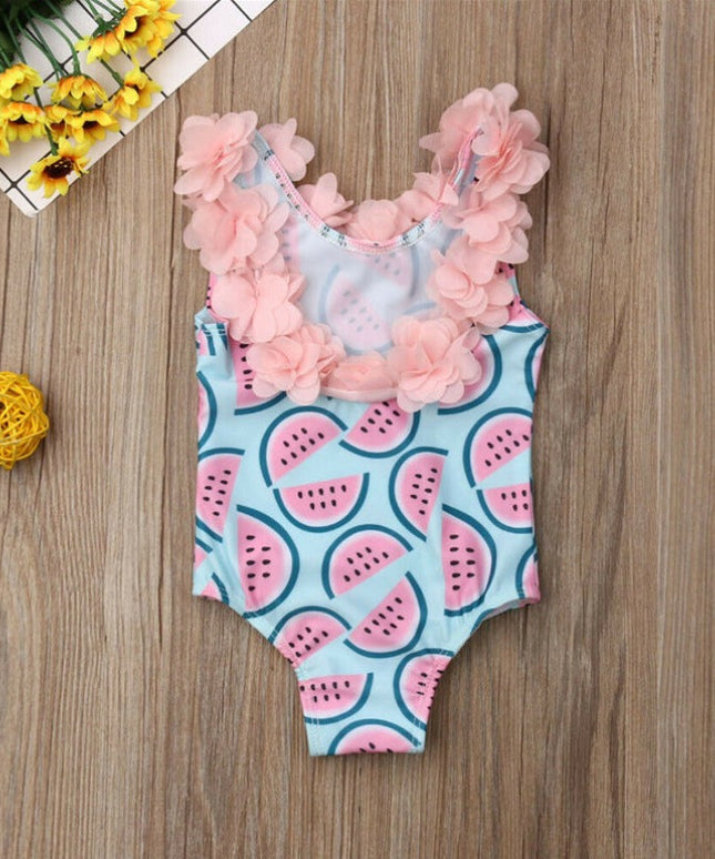 Jednoczęściowy strój kąpielowy dla niemowląt w arbuzy z ozdobnymi kwiatuszkami