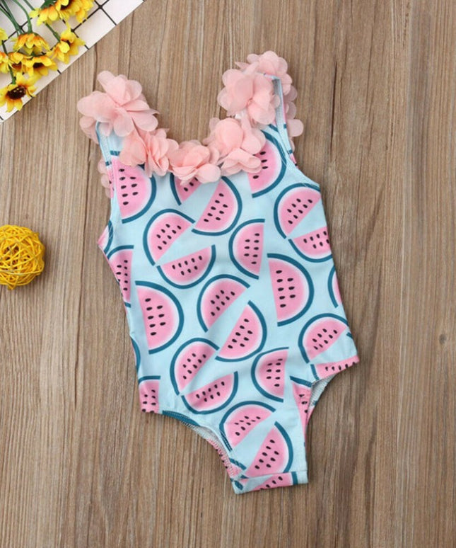 Jednoczęściowy strój kąpielowy dla niemowląt w arbuzy z ozdobnymi kwiatuszkami