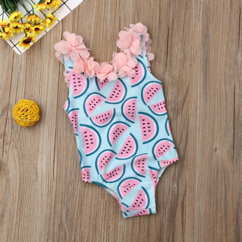 Jednoczęściowy strój kąpielowy dla niemowląt w arbuzy z ozdobnymi kwiatuszkami