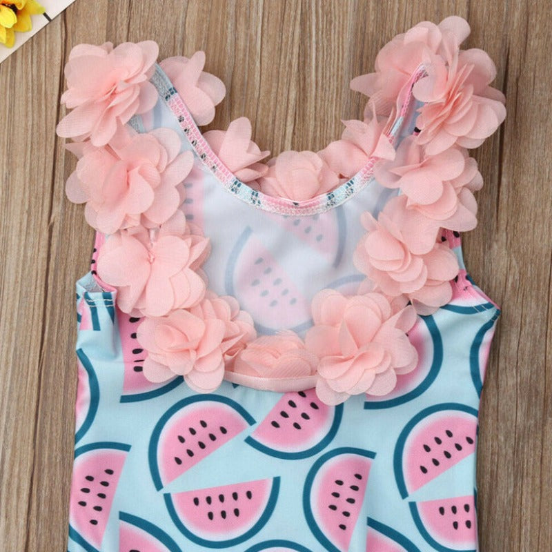 Jednoczęściowy strój kąpielowy dla niemowląt w arbuzy z ozdobnymi kwiatuszkami