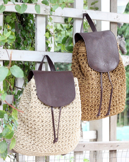 Plecak plażowy słomkowy ze skórzaną klapą