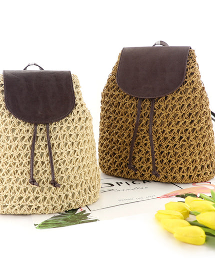 Plecak plażowy słomkowy ze skórzaną klapą