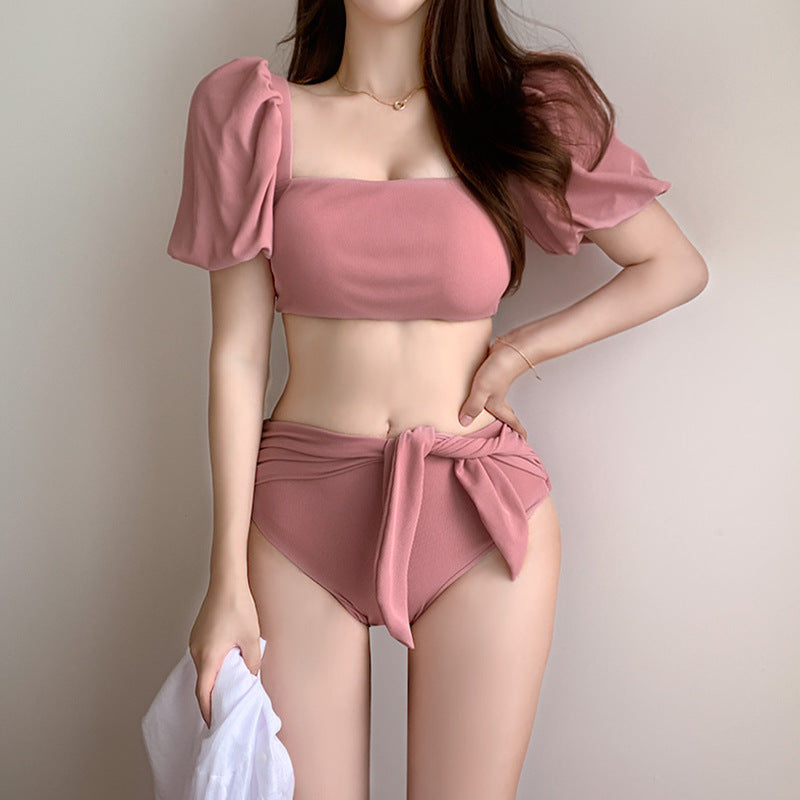 Damski dwuczęściowy strój kąpielowy bikini z bufiastymi rękawkami
