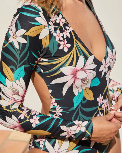 Jednoczęściowy strój kąpielowy sportowy z długim rękawem w kwieciste wzory