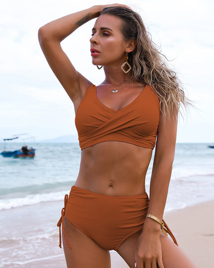 Damski dwuczęściowy strój kąpielowy bikini ze splotem z wysokim stanem