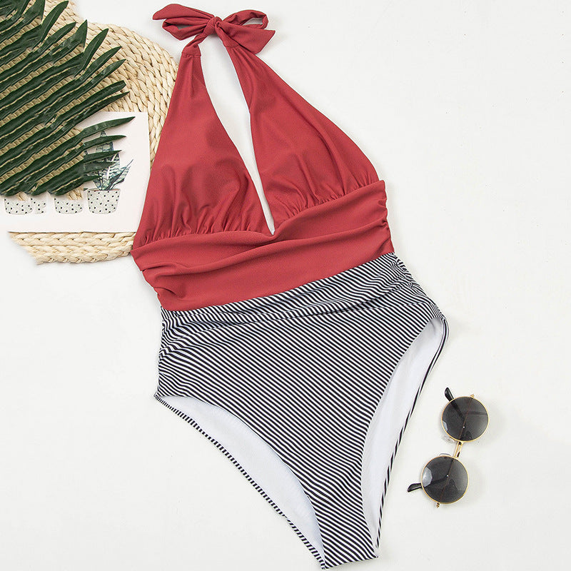 Jednoczęściowy strój kąpielowy monokini w paski bez ramiączek