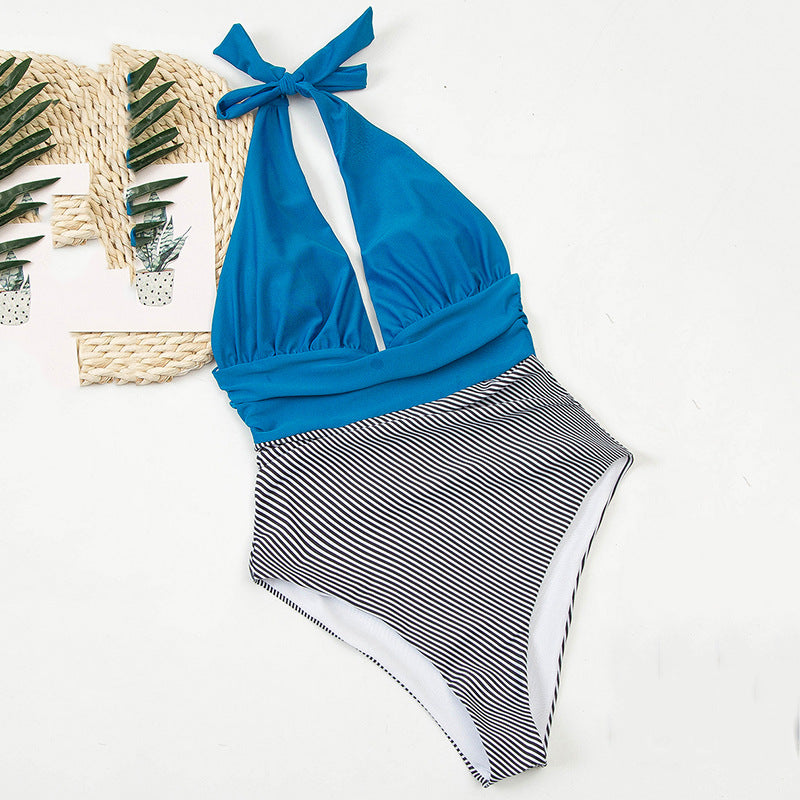 Jednoczęściowy strój kąpielowy monokini w paski bez ramiączek