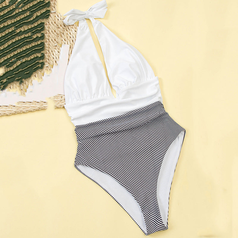 Jednoczęściowy strój kąpielowy monokini w paski bez ramiączek