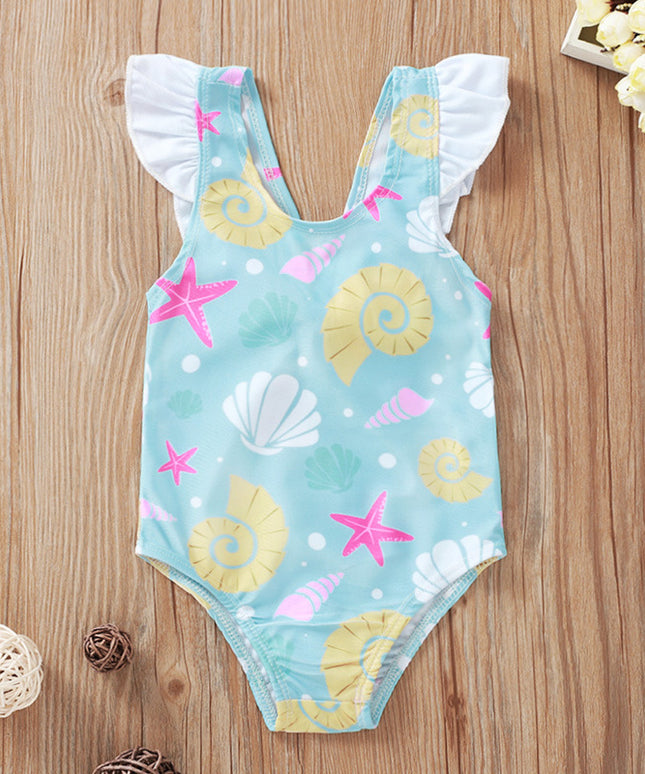 Jednoczęściowy strój kąpielowy dla niemowląt w muszelki z falbankami