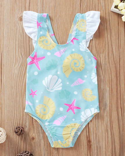 Jednoczęściowy strój kąpielowy dla dziewczynki w muszelki z falbankami