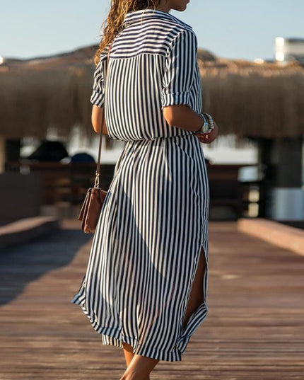 Sukienka długa w paski zapinana na guziki