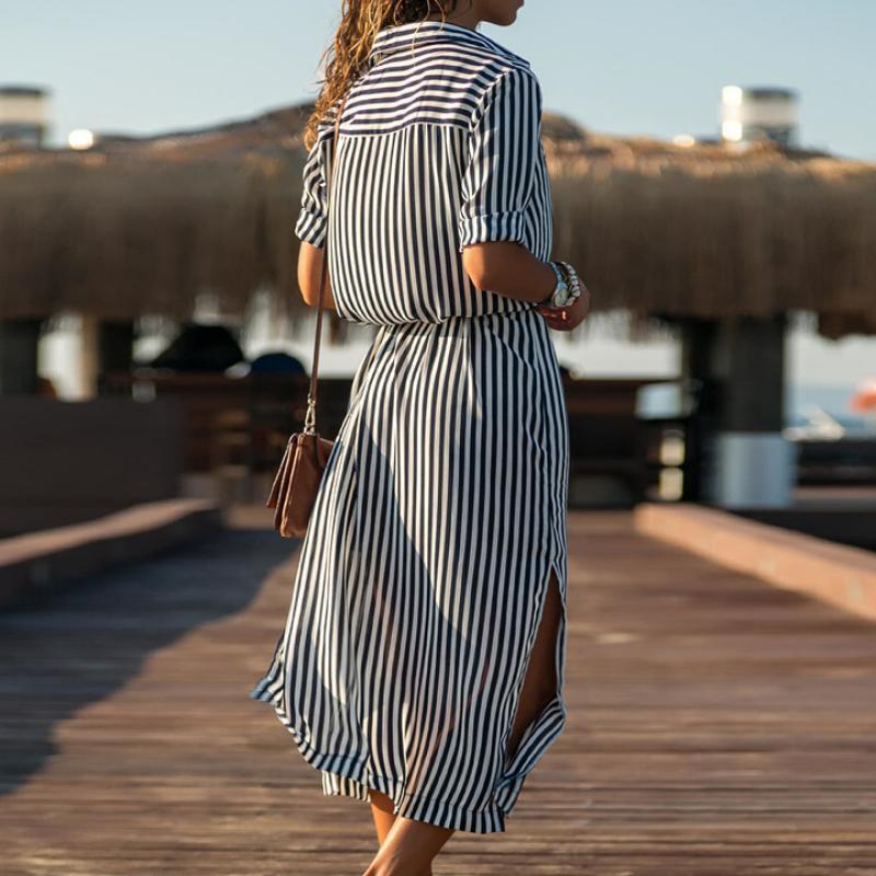 Sukienka długa w paski zapinana na guziki