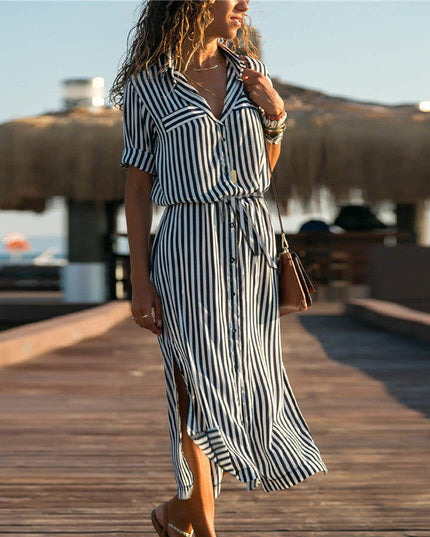 Sukienka długa w paski zapinana na guziki