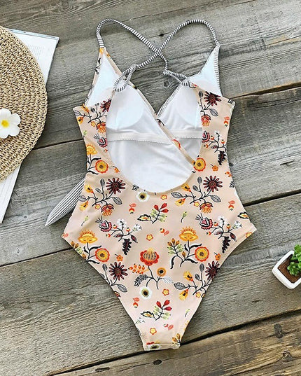 Jednoczęściowy strój kąpielowy w kwiaty i paski