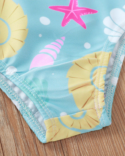 Jednoczęściowy strój kąpielowy dla dziewczynki w muszelki z falbankami