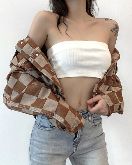 Damska kurtka jeansowa oversize w kratę