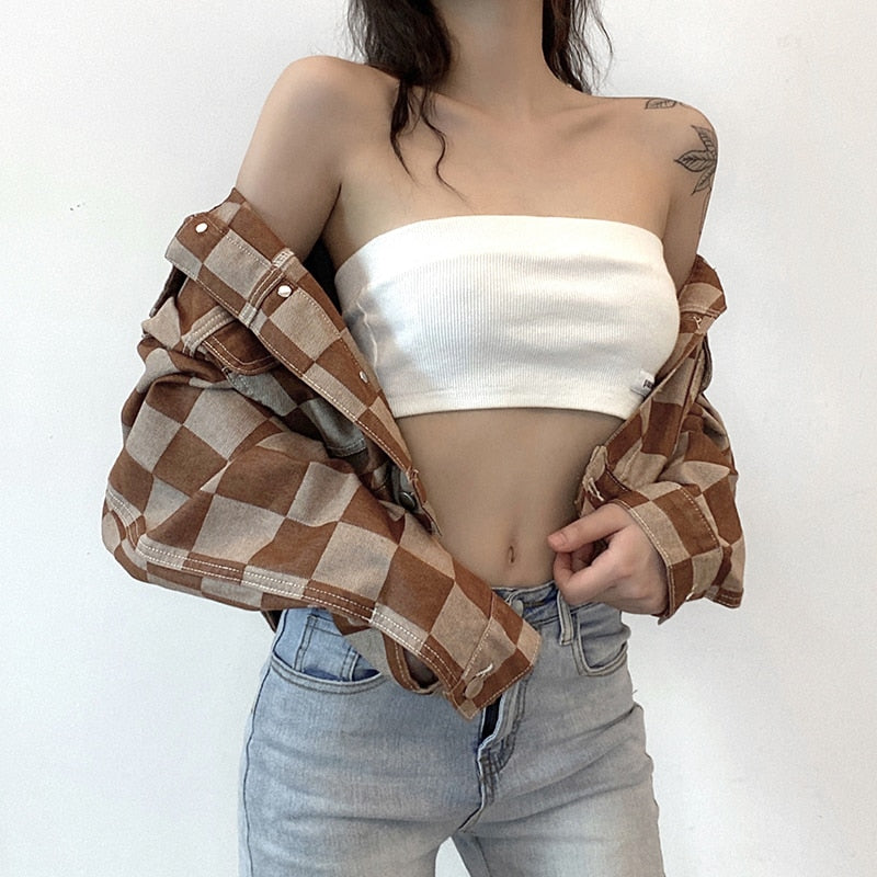 Damska kurtka jeansowa oversize w kratę